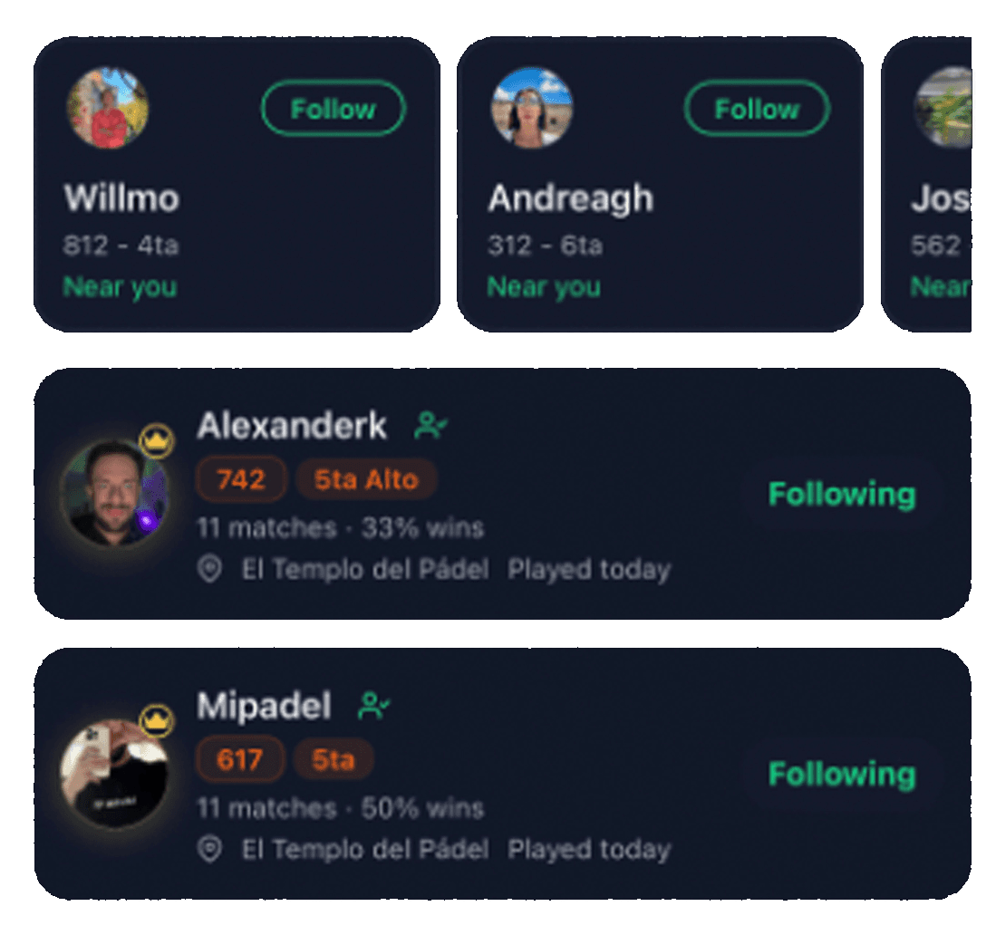 Pantalla social de MiPadel para conectar con jugadores